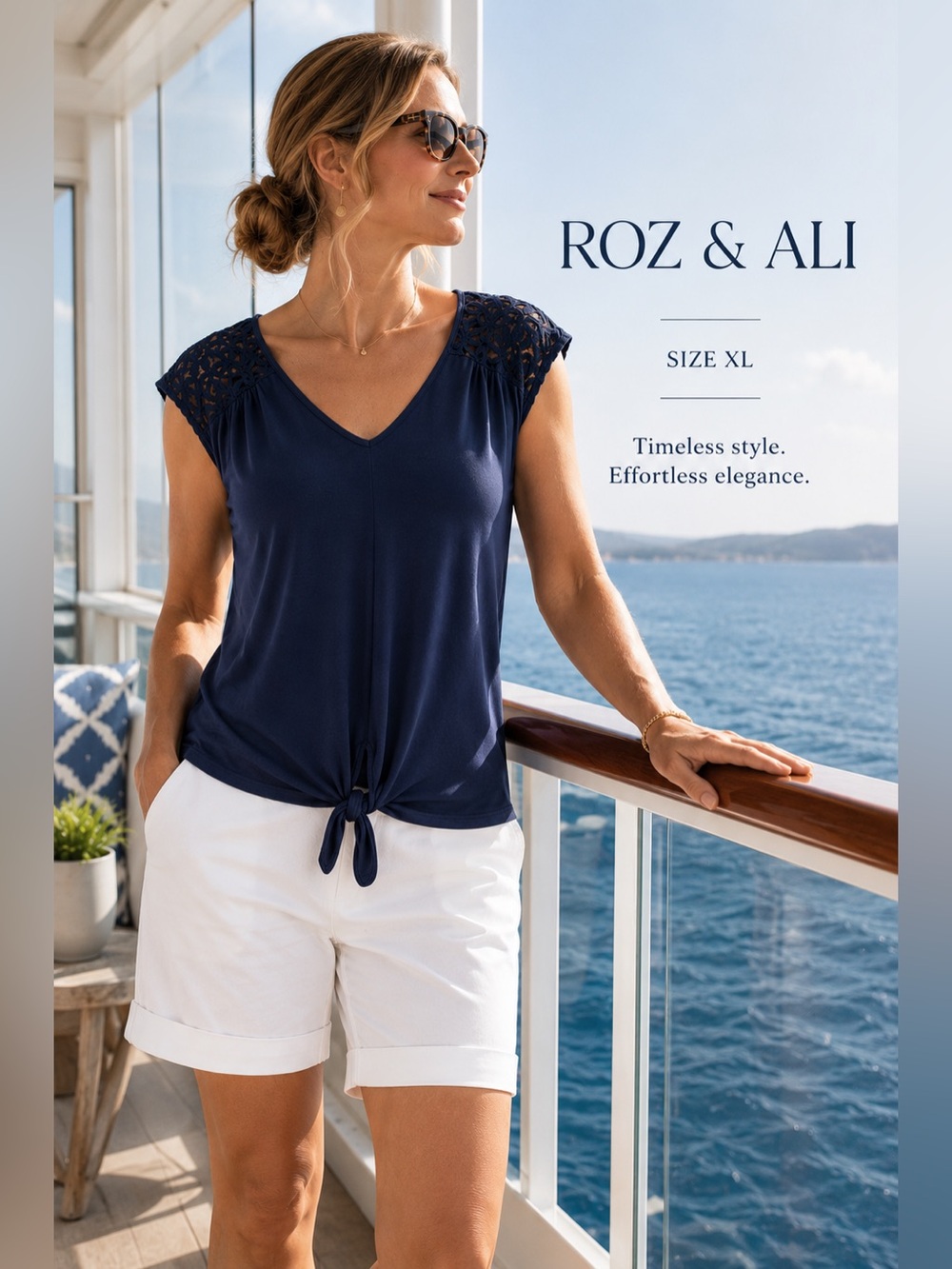 Roz & Ali Navy V-Neck Lace Sleeve Tie-Front Tank size XL